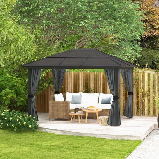 Outsunny 3 x 4m Hard Top Gazebo with Netting and Curtains - Garden Pavilion, Polycarbonate Roof, Aluminium Frame - ALL4U RETAILER LTD