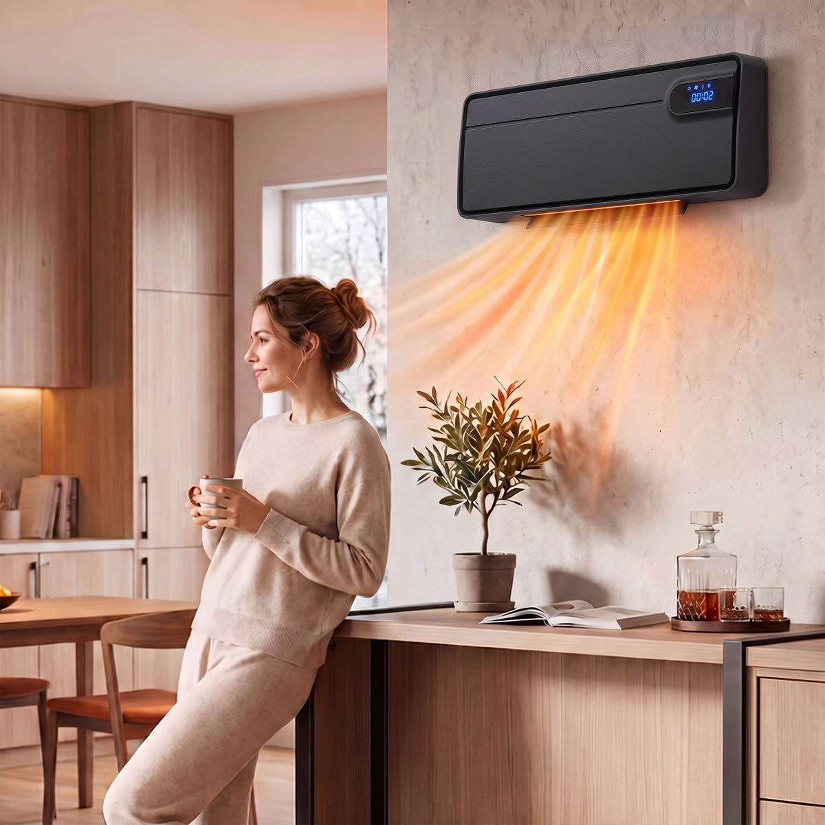 Black wall-mounted ceramic heater mounted on wall above kitchen counter
