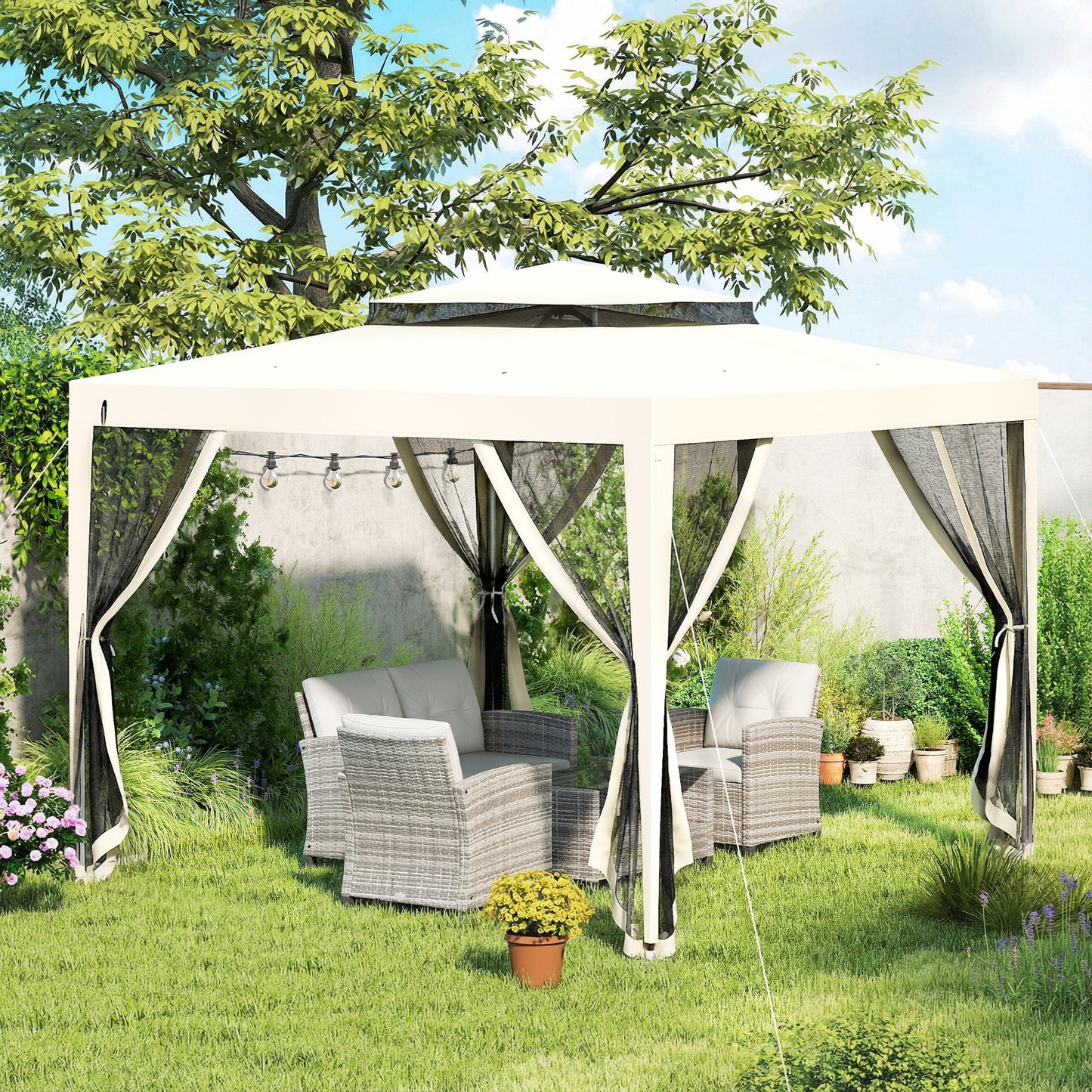 Outsunny 3 X 3 M Gazebo With Removable Mesh Sidewalls Netting Patio Canopy Outdoor Event Shelter Cream White
