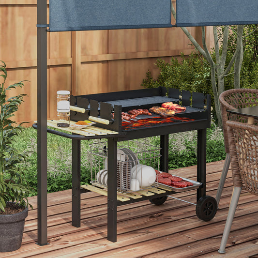 Outsunny Charcoal BBQ Grill Trolley With Double Adjustable Grill Side Table Storage Shelf And Wheels Black