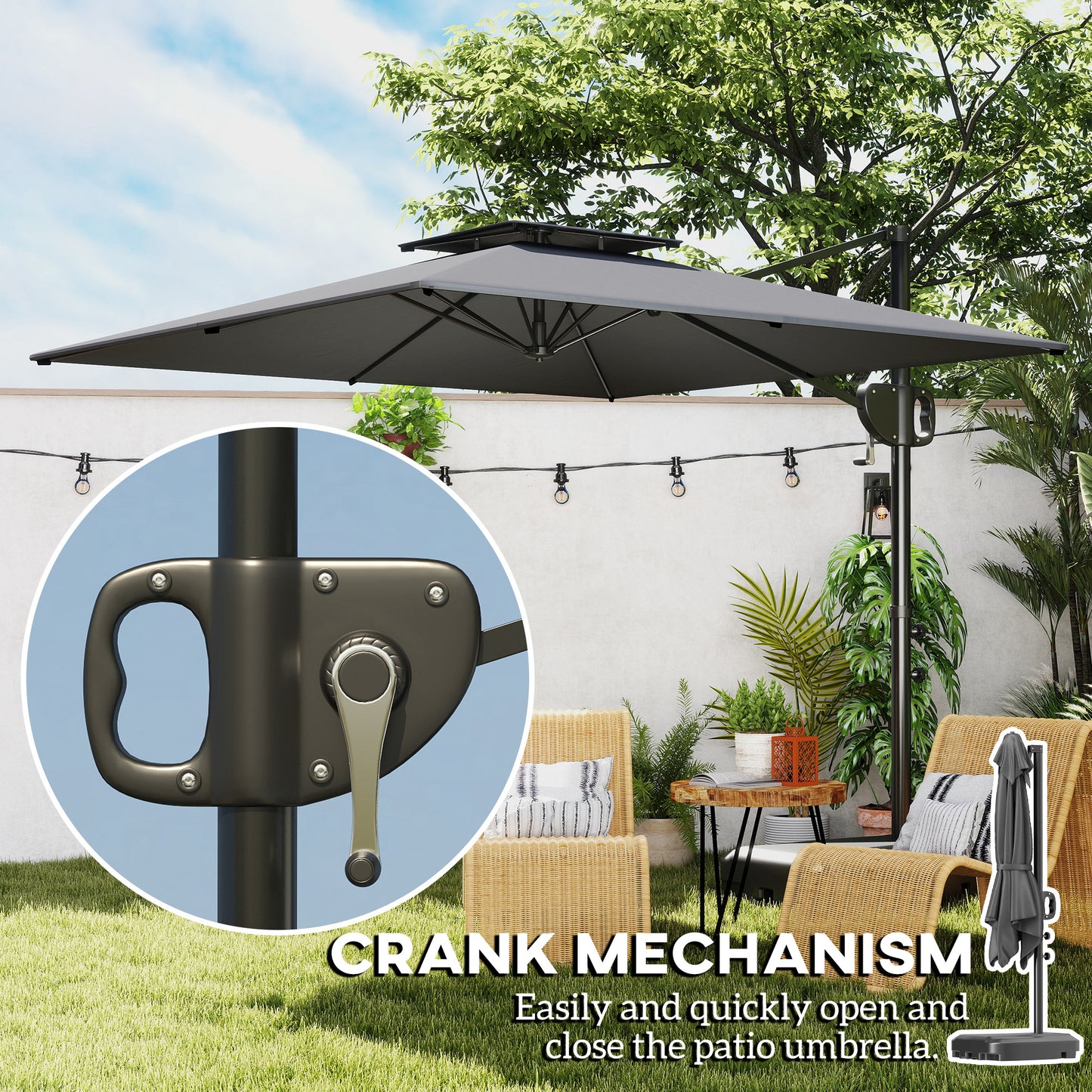 Outsunny Cantilever Parasol With Weighted Base Double Top Square Hanging Patio Umbrella Crank Tilt Dark Grey