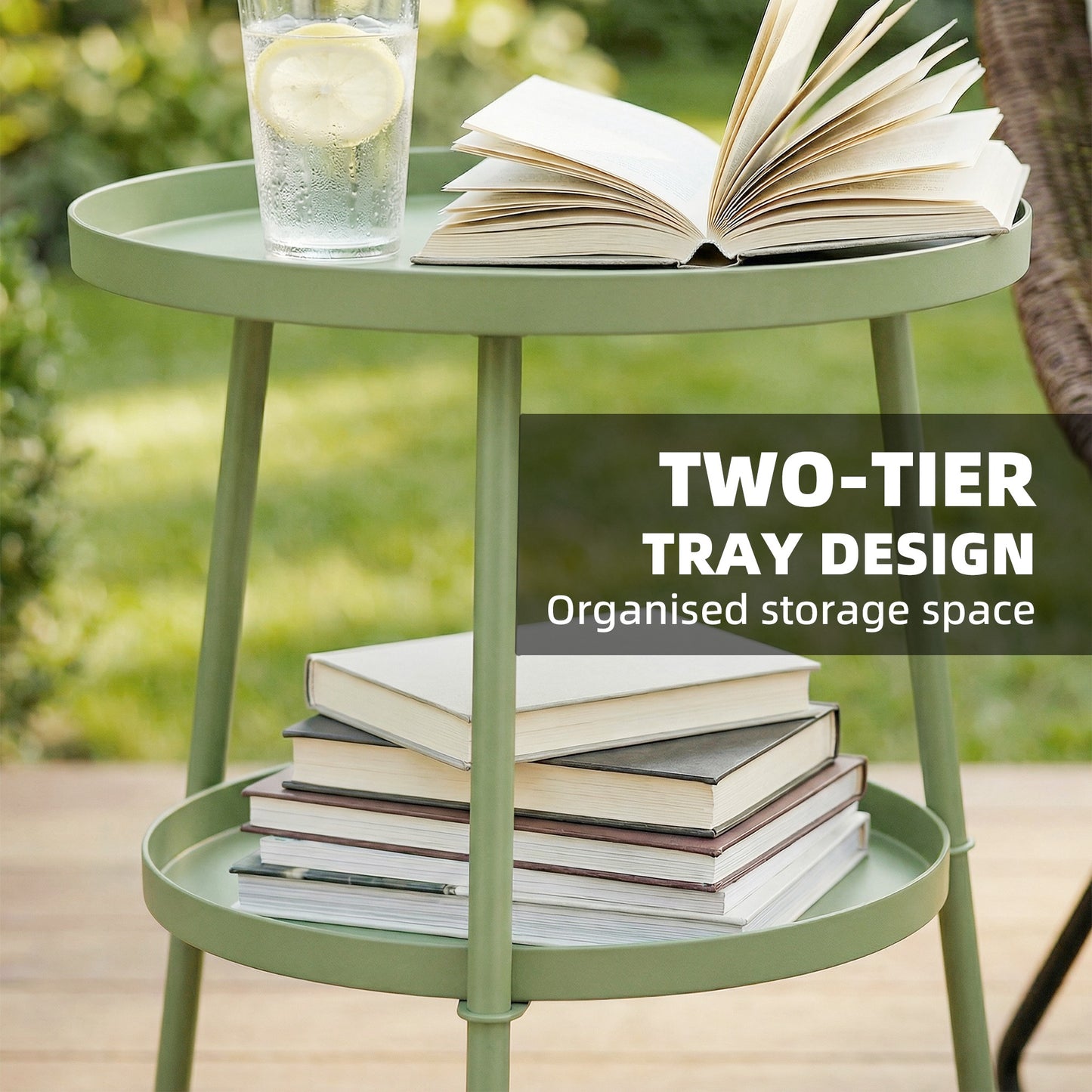 Outsunny 2 Tier Round Coffee End Table Patio Side Table For Garden Balcony Living Room Bedroom Light Green