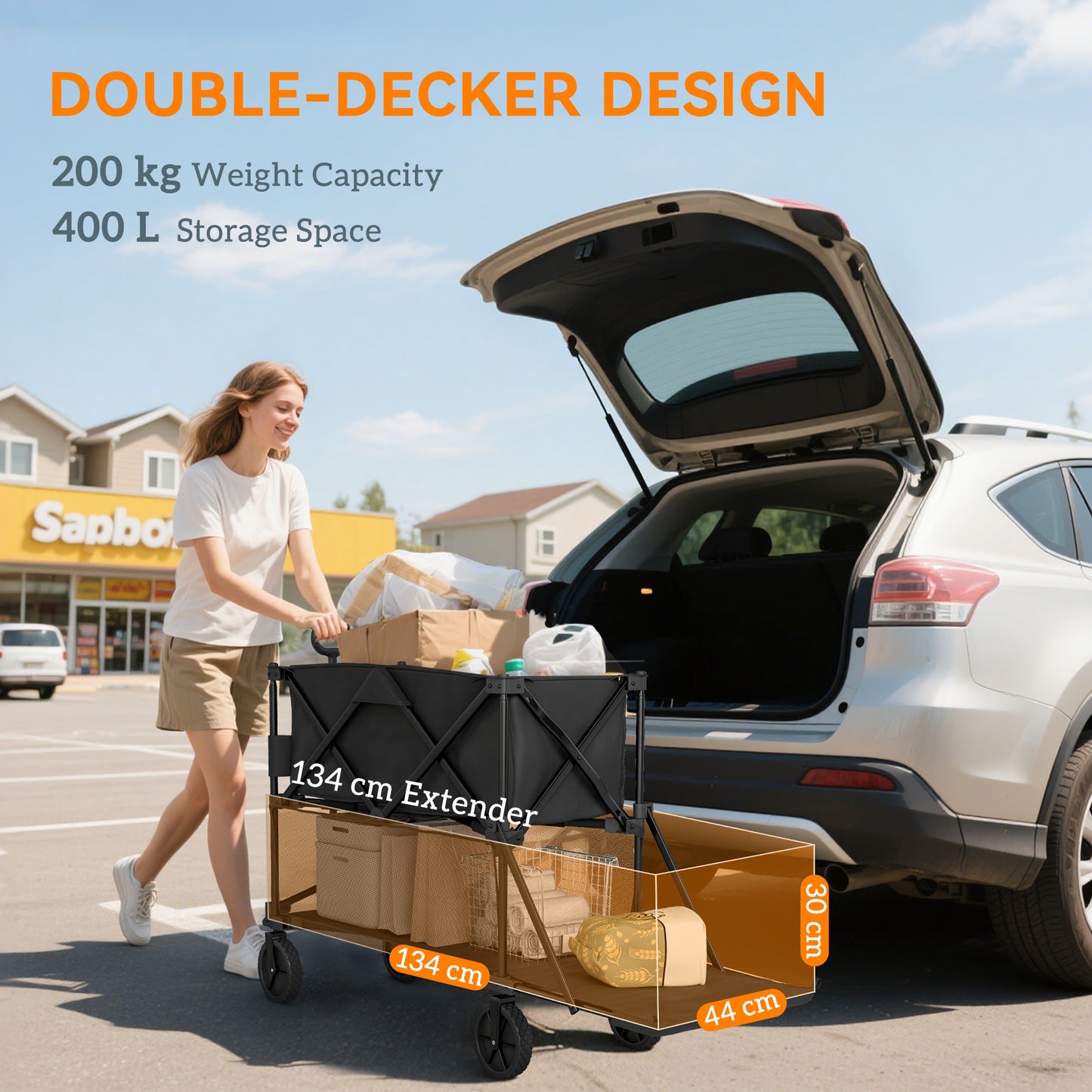 Outsunny Double Deck Folding Festival Wagon on Wheels 200kg 350L Capacity 134cm Extended for Camping Garden Beach