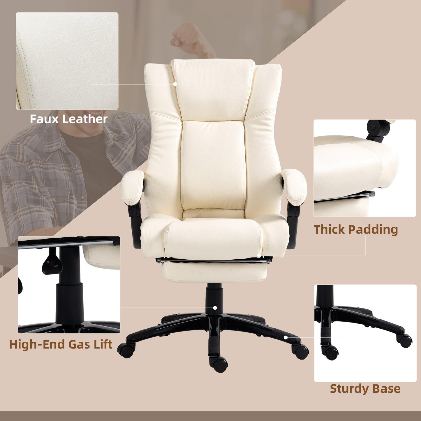 Vinsetto PU Leather Office Chair, Swivel Computer Chair with Footrest, Wheels, Adjustable Height, Cream White - ALL4U RETAILER LTD