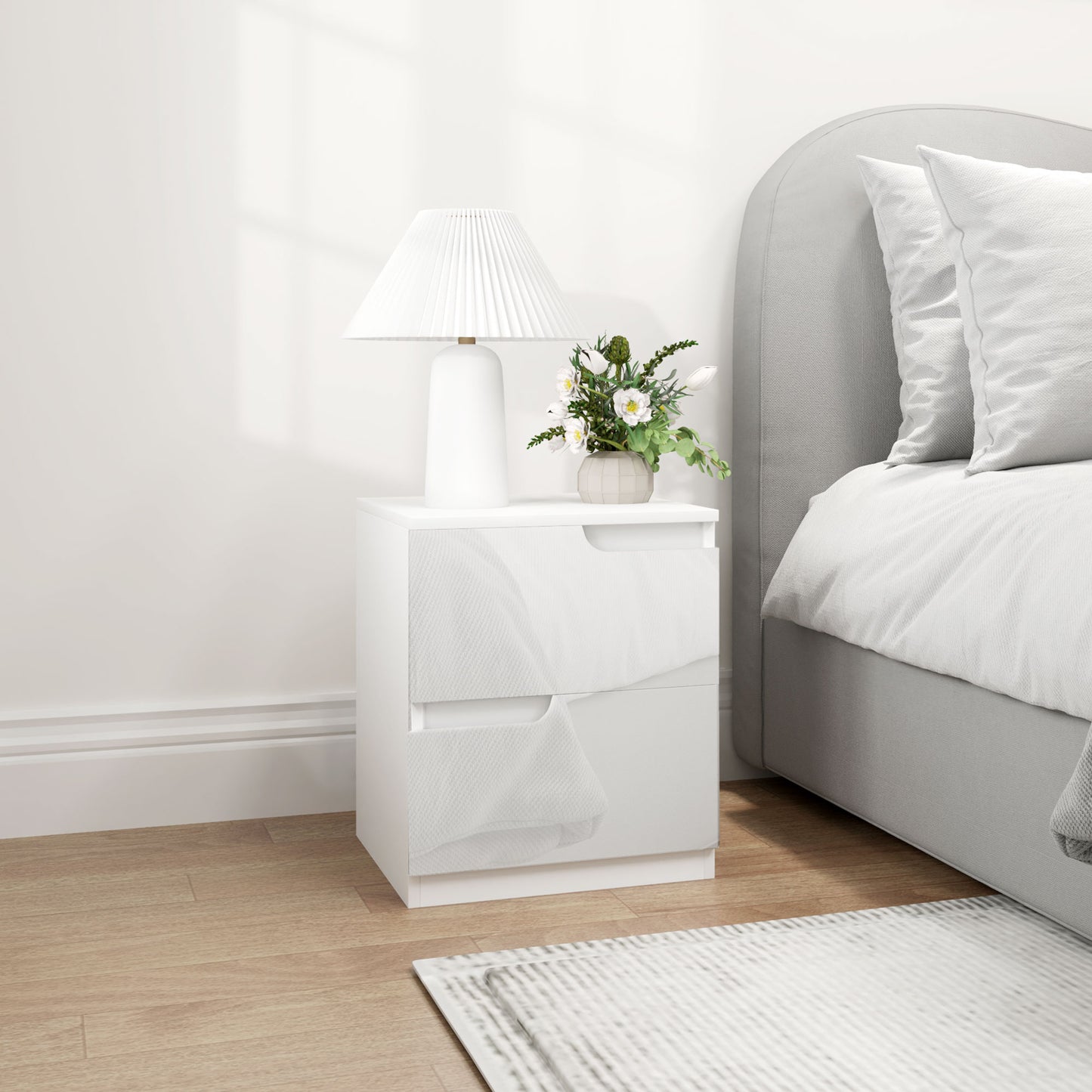 HOMCOM High Gloss White Chest Of Drawers With 4 Drawers And Matching Two Drawer Bedside Table Modern Set
