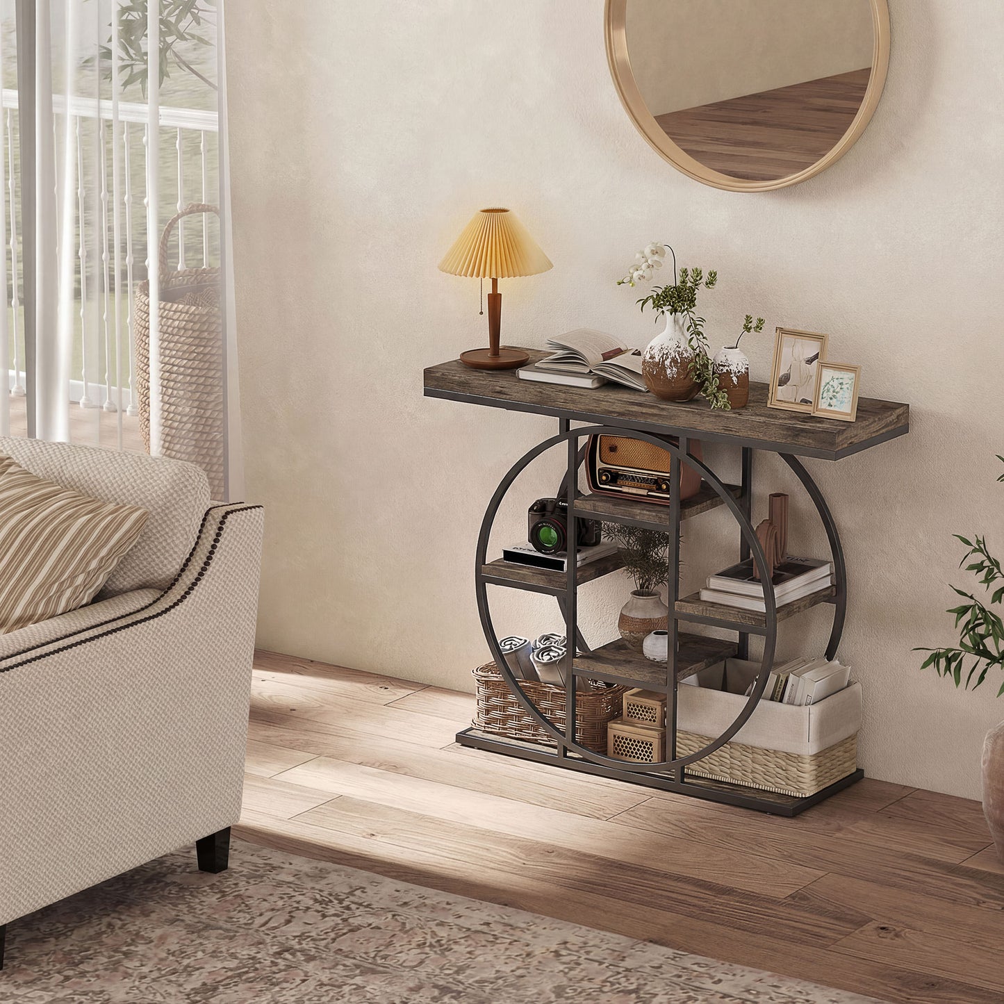 HOMCOM Industrial Console Table With Storage Shelves For Entryway Rustic Brown Vintage Style Thick Tabletop