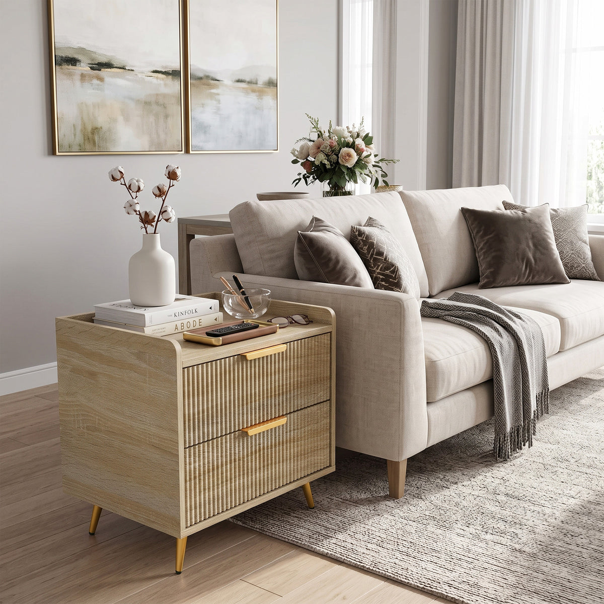 HOMCOM Bedside Table With Two Drawers Metal Legs Natural Wood Finish