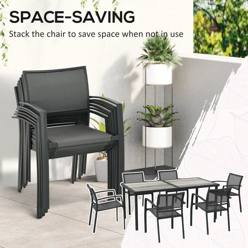 Outsunny 7-Piece Garden Dining Set - Stackable Chairs, Outdoor Patio Dining Set with 6 Seater Table and Breathable Mesh Seat/Back, Plastic Top for Poolside, Space-Saving Design - Grey | Styli - ALL4U RETAILER LTD