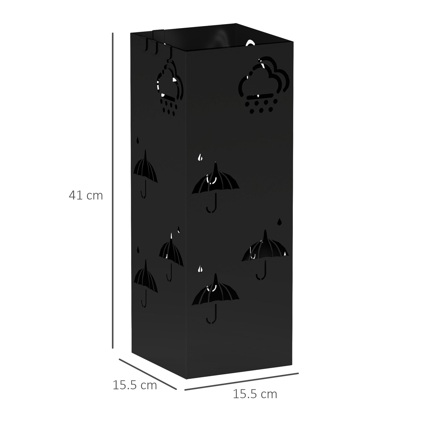 HOMCOM Metal Umbrella Stand Square Holder With Removable Drip Tray And Four Hooks For Hallway And Entryway Black