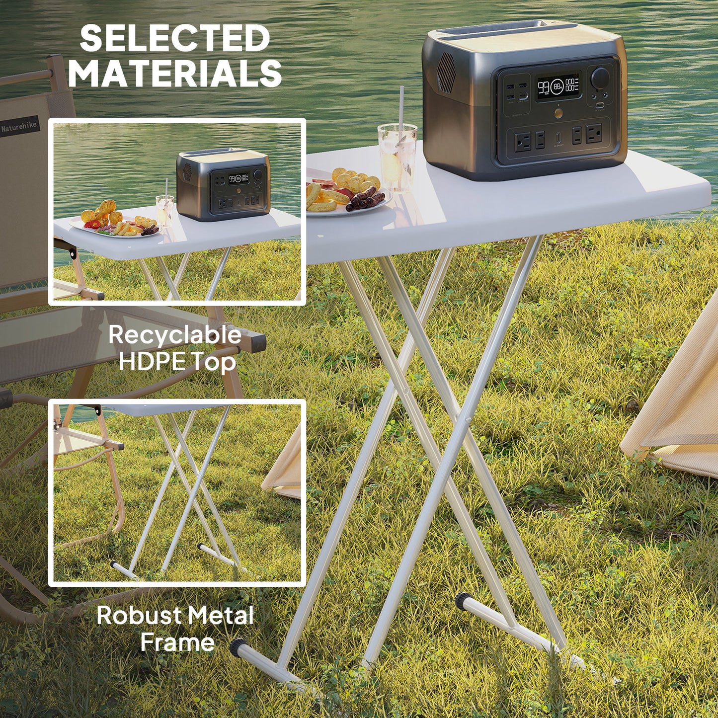 Outsunny Minimal Folding Outdoor Table White Portable Compact Lightweight With Powder Coated Metal Frame And Plastic Top
