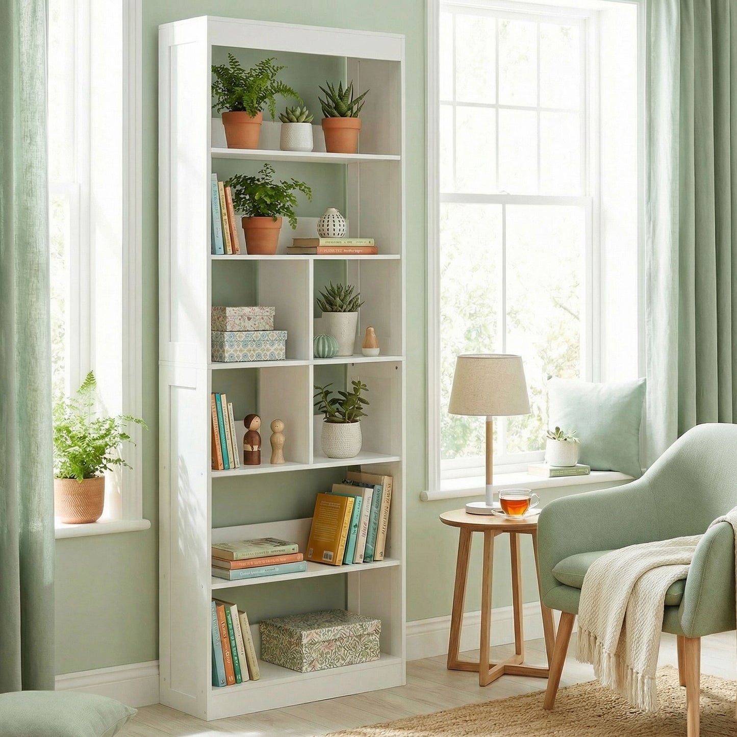 HOMCOM White 6 Tier Bookcase With Open Storage Shelves And Cubes 180 Cm Tall Display Shelf Anti Tipping Design
