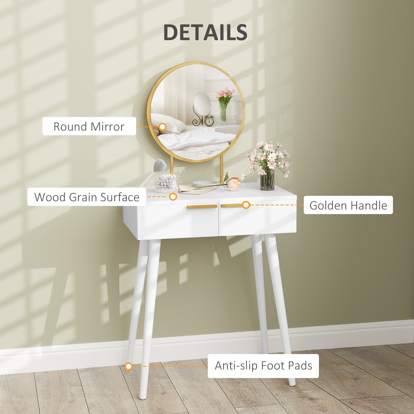 HOMCOM Elegant Dressing Table With Round Mirror White 60 x 40 x 123 cm With Storage Drawers