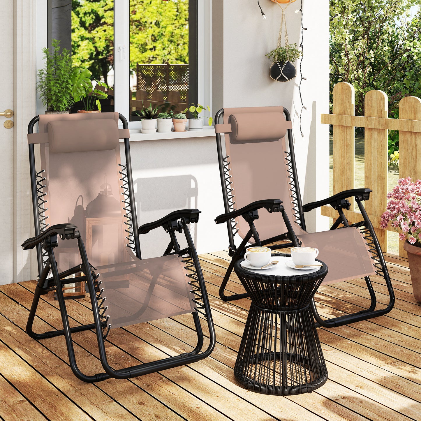 Outsunny Zero Gravity Chair Set of 2 Outdoor Folding Reclining Sun Loungers with Head Pillow Metal Frame Beige