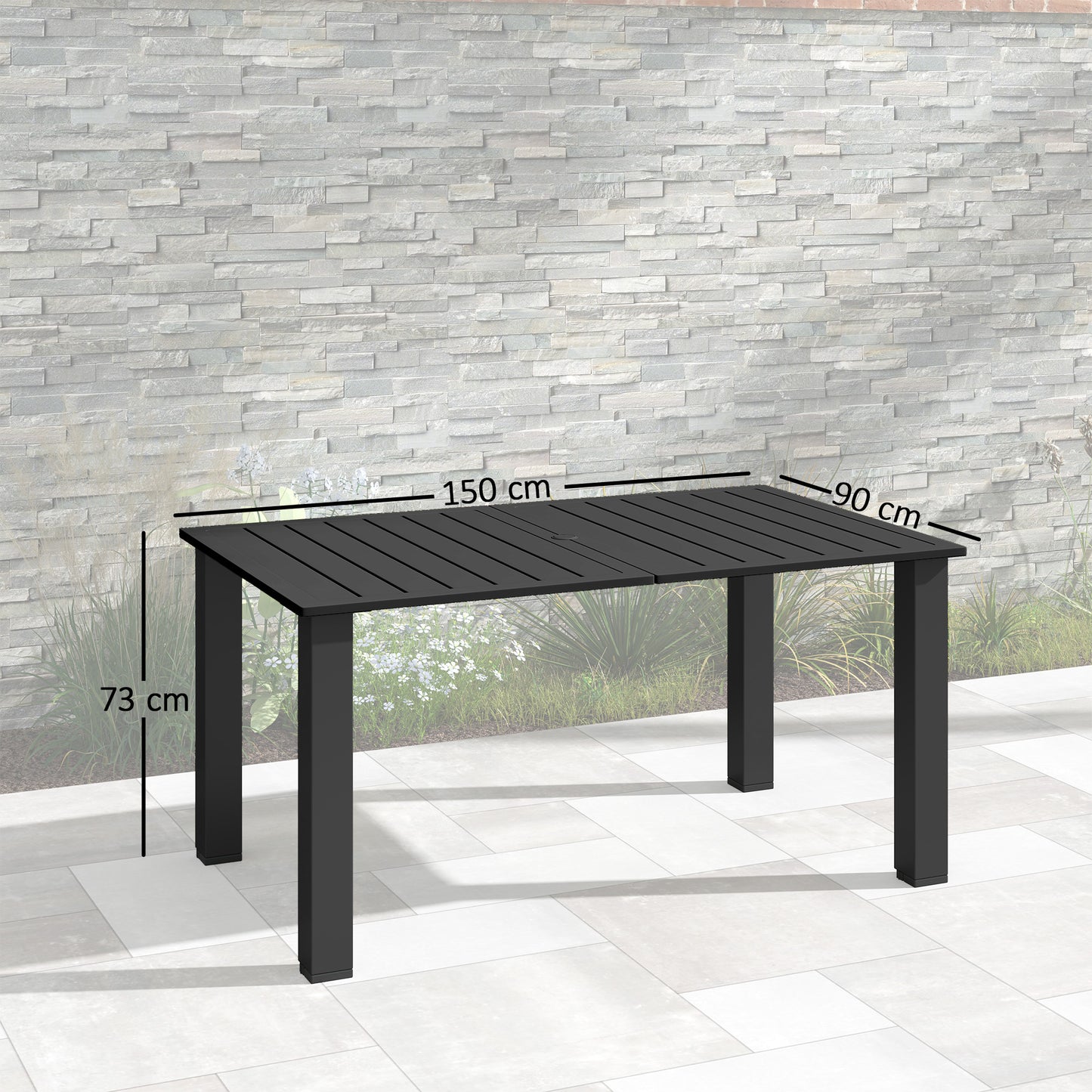 Outsunny Garden Dining Table For 6 With Parasol Hole Rectangular Outdoor Table Slatted Metal Top Steel Frame Black