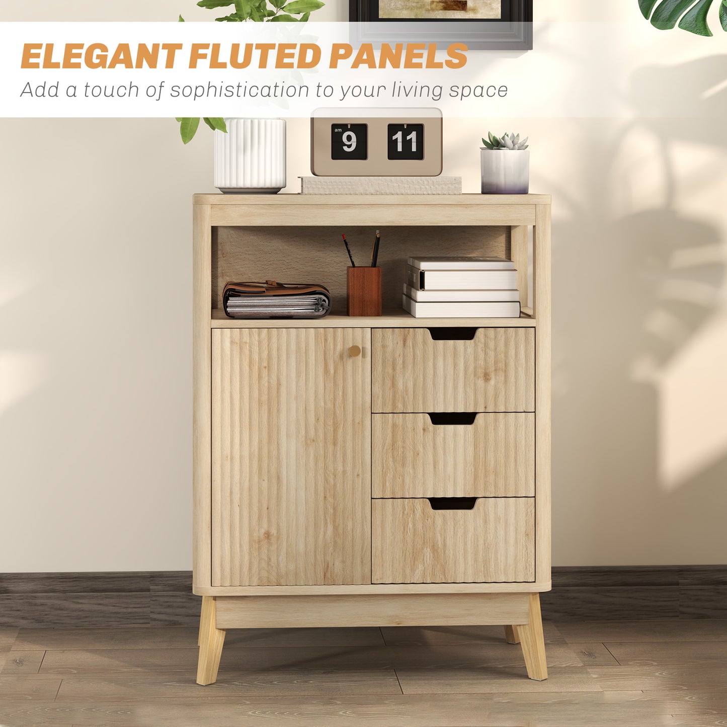 HOMCOM Small Sideboard With Drawers And Adjustable Shelf Natural Wood Finish Fluted Front Panels And Angled Legs