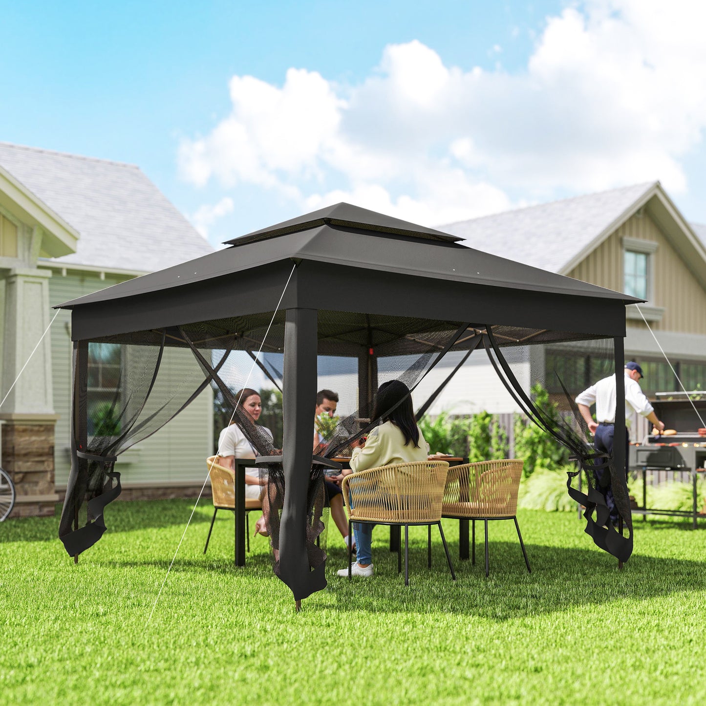 Outsunny 3m by 3m Pop Up Gazebo with Netting and Carry Bag Black Double Roof Garden Shelter for Parties