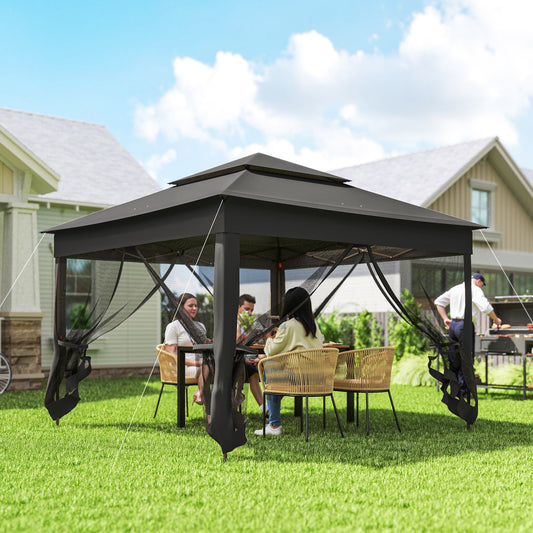 Outsunny 3m by 3m Pop Up Gazebo with Netting and Carry Bag Black Double Roof Garden Shelter for Parties