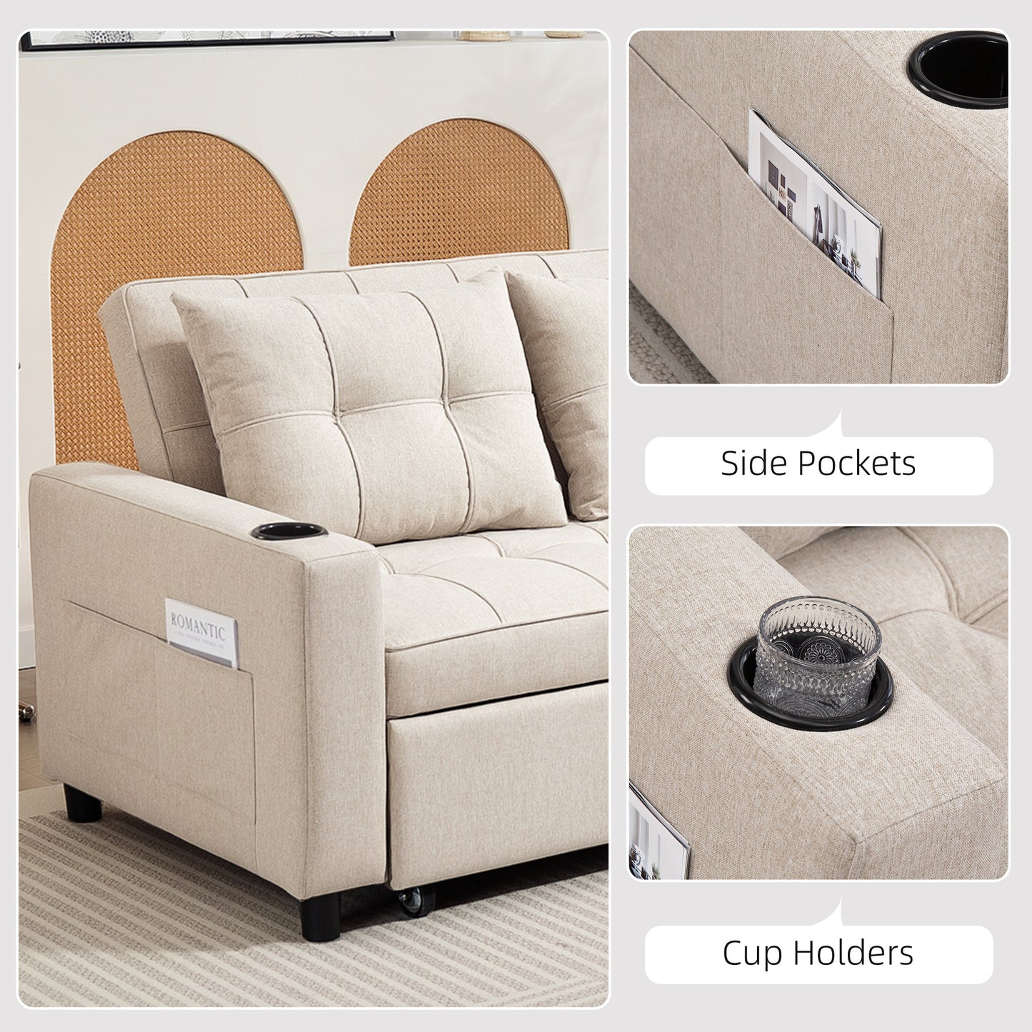 HOMCOM Two Seater Pull Out Sofa Bed Beige For Living Room Convertible Sofa Bed With High Density Foam