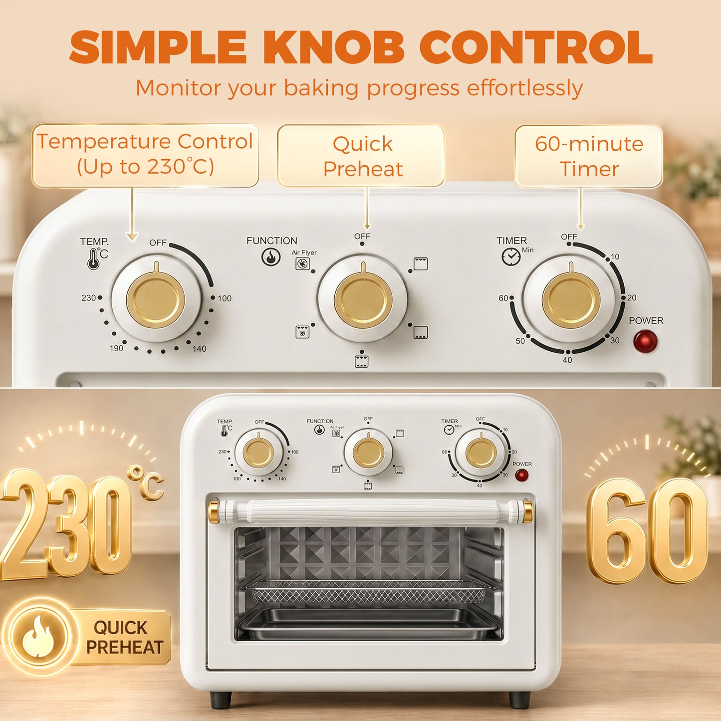 HOMCOM 12 L Air Fryer Toaster Oven With Convection, Adjustable Temperature And Timer, Cream White Countertop Oven