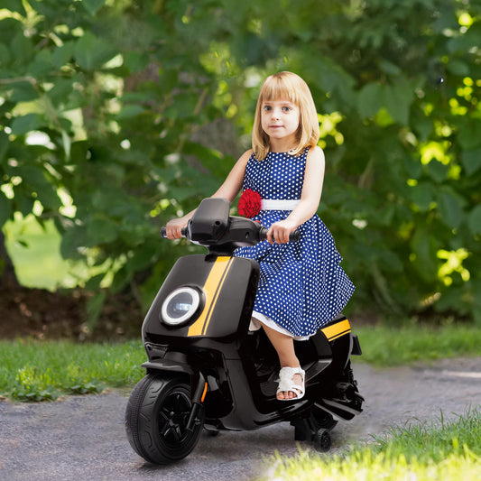 AIYAPLAY Black 6V Kids Electric Motorbike with Headlight and Music, Training Wheels for Ages 18-36 Months