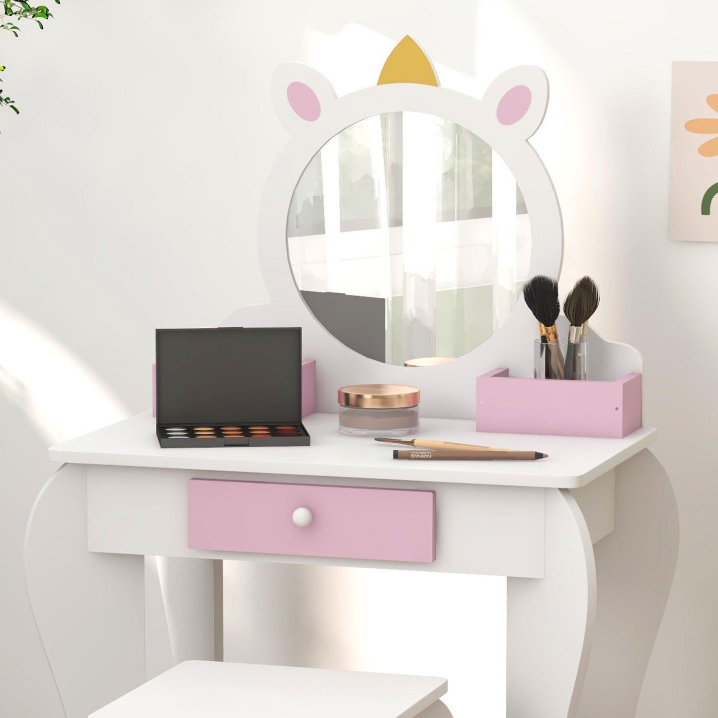 ZONEKIZ Unicorn-Design Kids Dressing Table, with Mirror and Stool - White - ALL4U RETAILER LTD