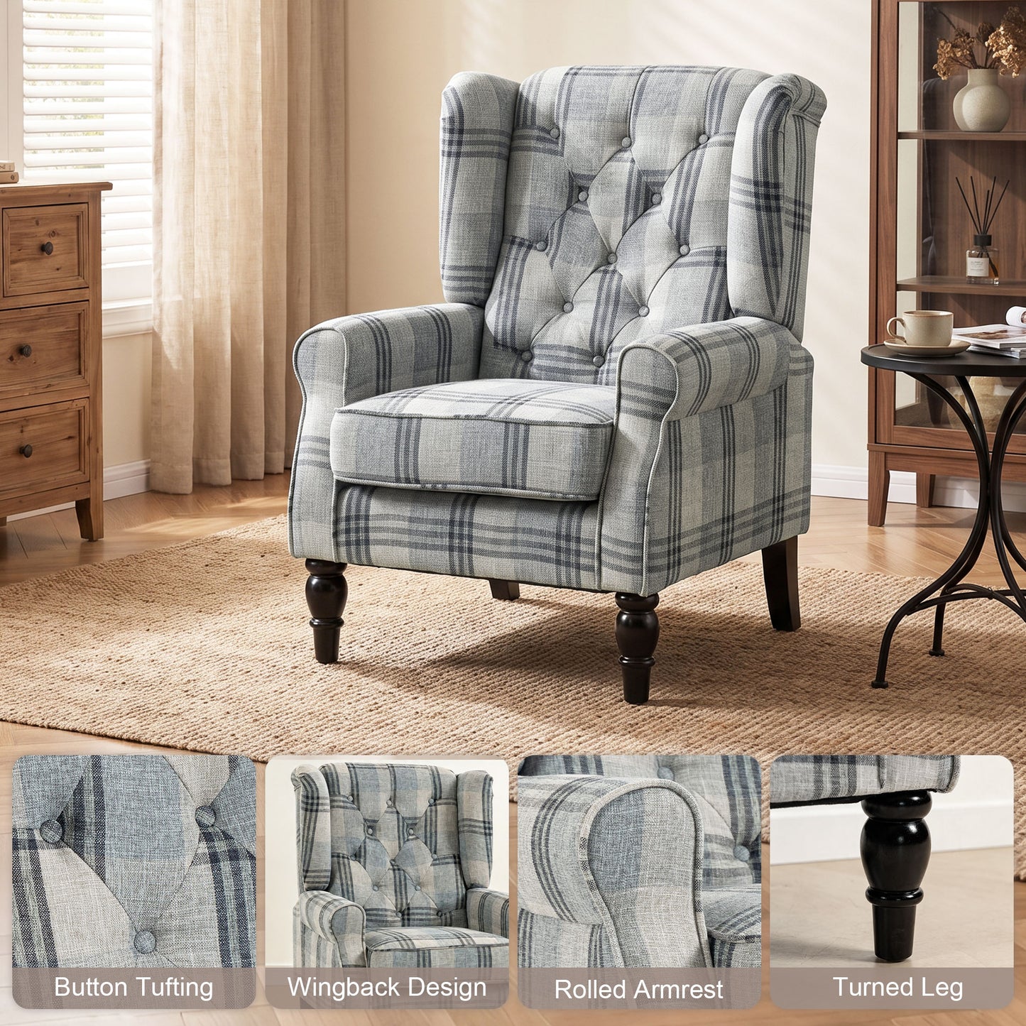 Homcom Plaid Wingback Accent Chair With Tufted High Back And Wood Legs