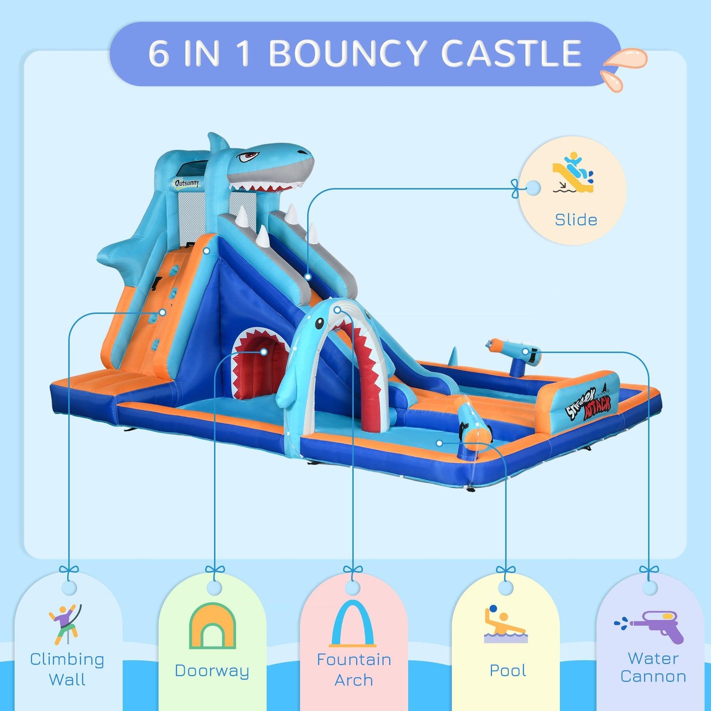 Outsunny 6 in 1 Shark-Themed Bouncy Castle, Inflatable Water Park, with Slide, Pool, Trampoline, Blower, for Ages 3-8 Years - ALL4U RETAILER LTD