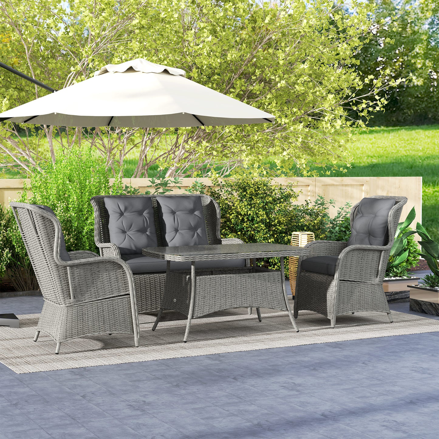 Outsunny 4 Seater PE Rattan Garden Sofa Set With High Back Cushioned Chairs And Tempered Glass Coffee Table Light Grey