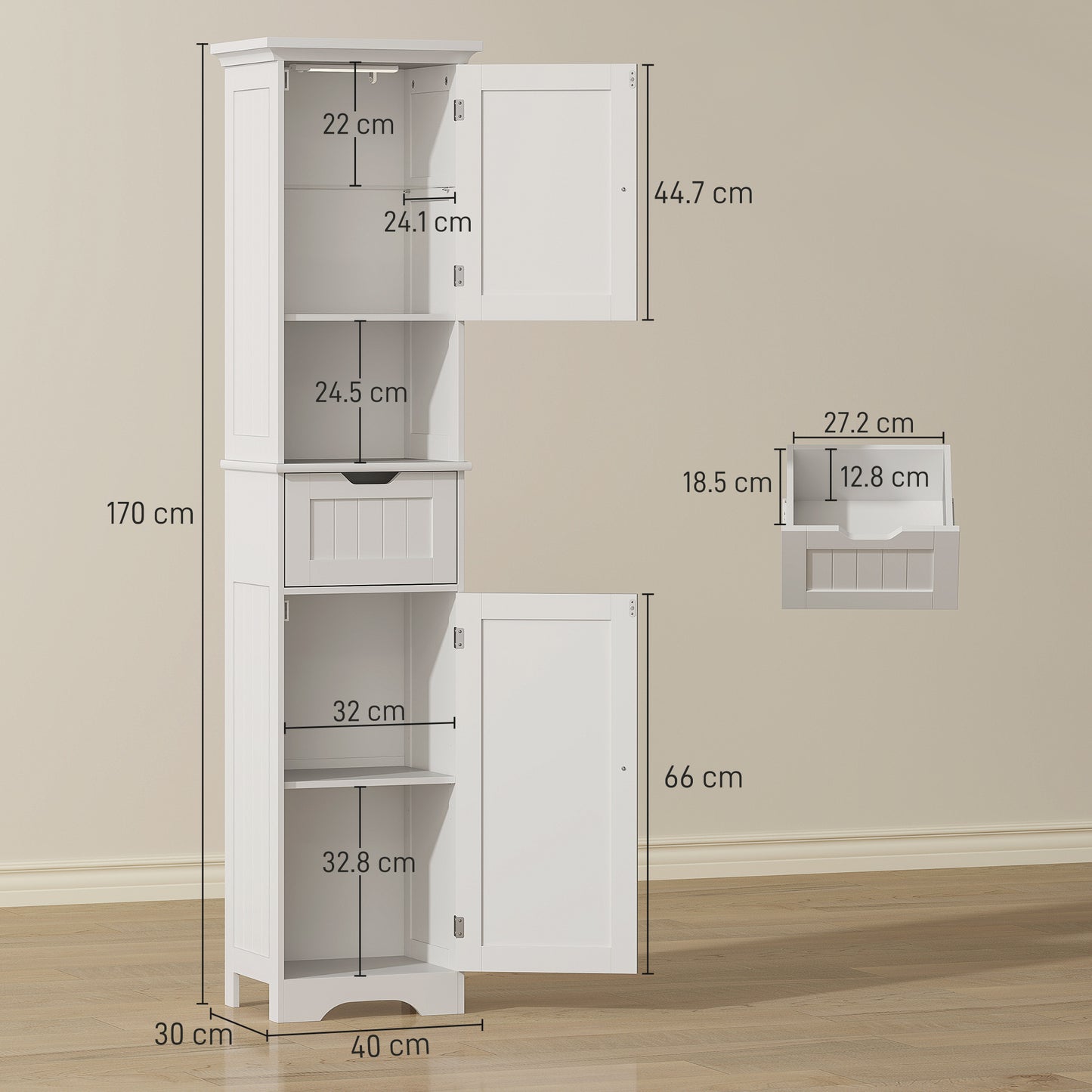HOMCOM Slim Bathroom Storage Cabinet With Motion Sensor LED Lights White With Upper And Lower Cupboards And Drawer