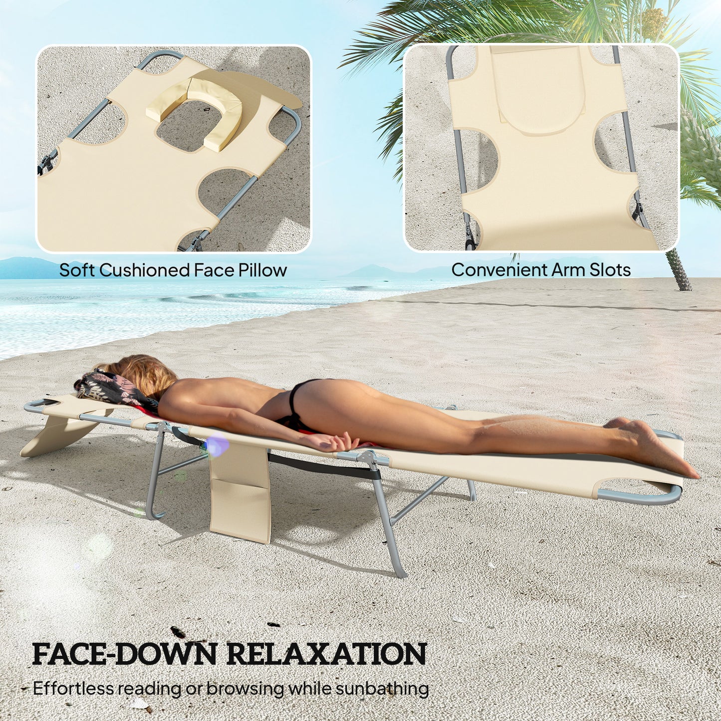 Outsunny 5 Position Adjustable Sun Loungers Set Of 2 With Reading Hole And Side Pocket Beige