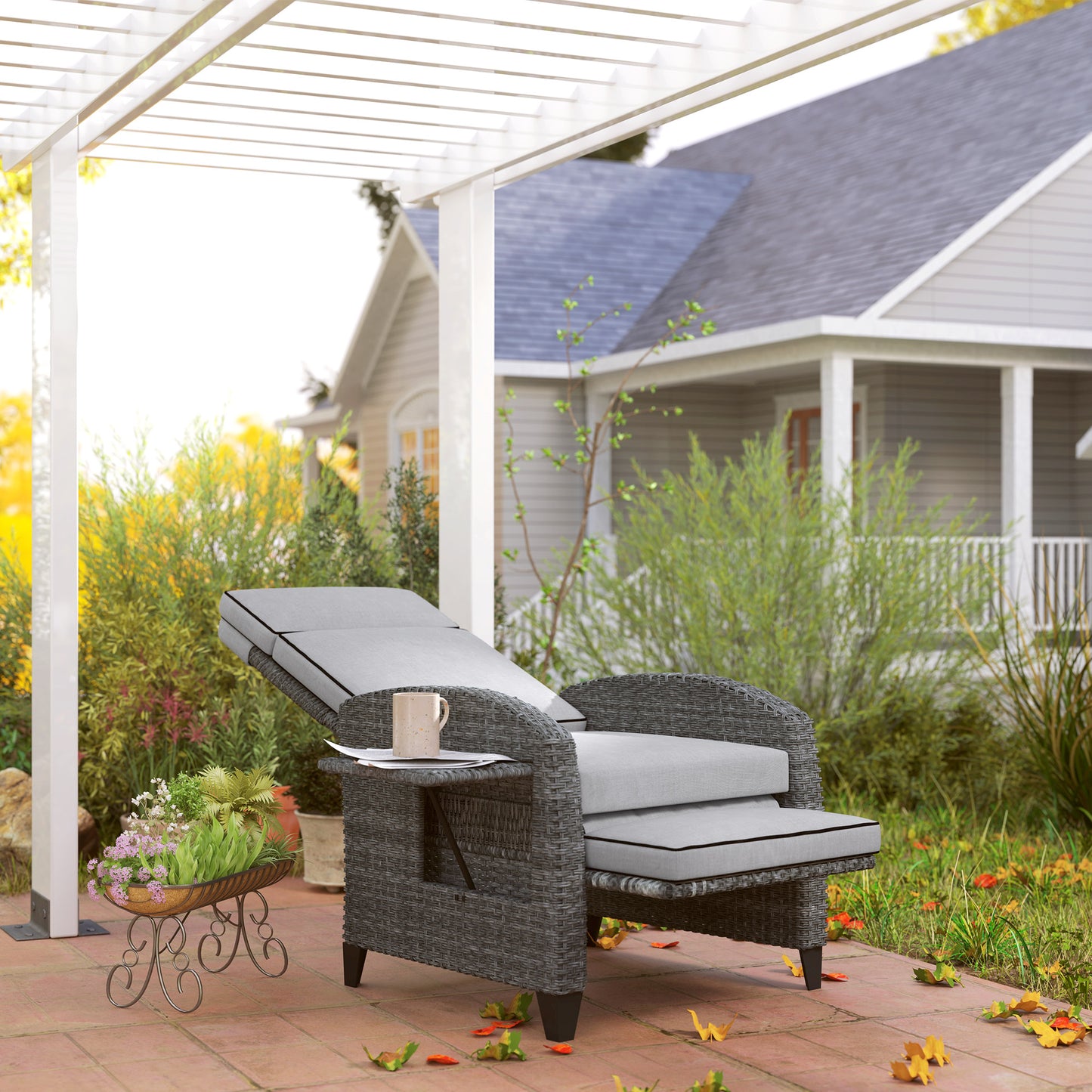 Outsunny Outdoor Recliner Chair With Adjustable Backrest And Footrest Cushion And Side Tray Light Grey