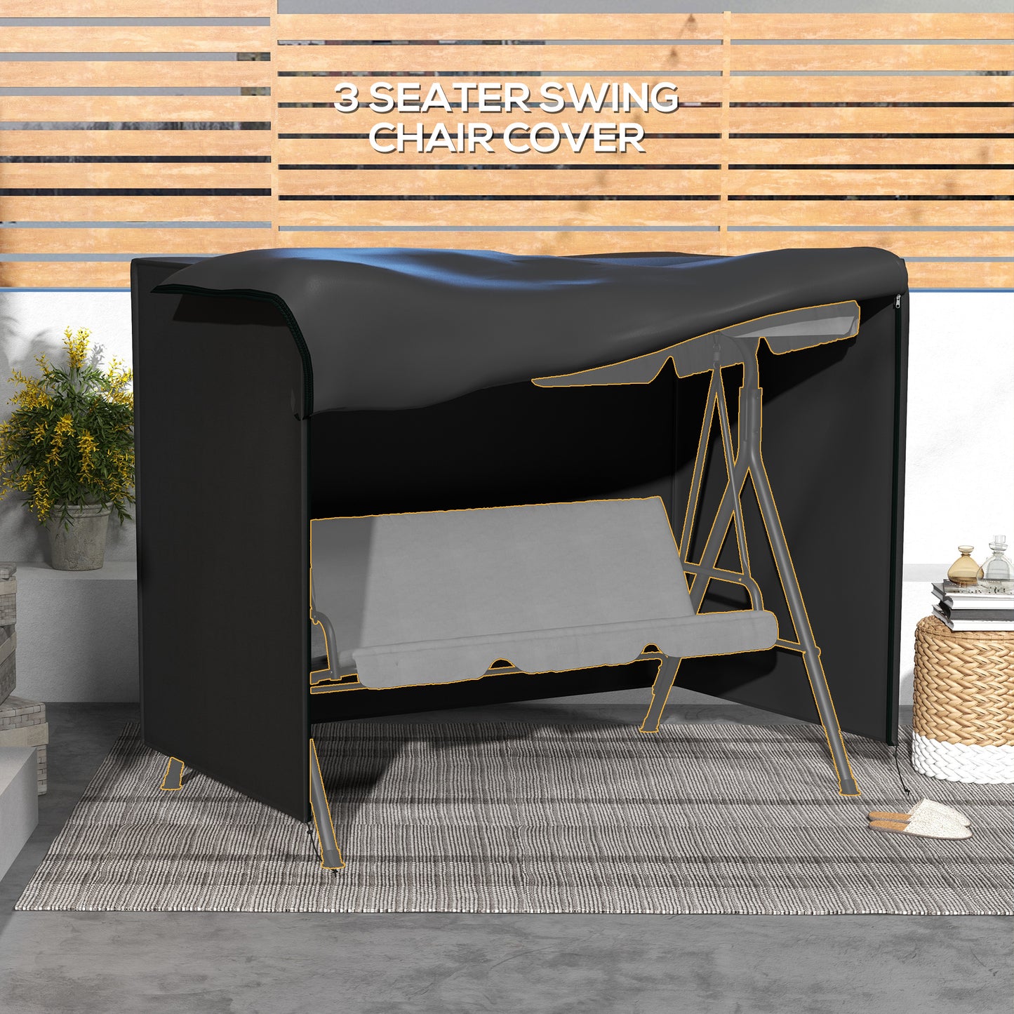 Outsunny 205 X 124cm Three Seater Swing Chair Protective Cover Outdoor Oxford Cloth UV Resistant With Front Zip Black