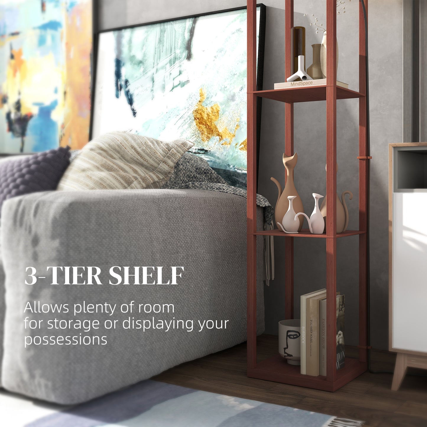 HOMCOM Three Shelf Standing Lamp Brown And White With Overhead Reading Light And Storage Shelves