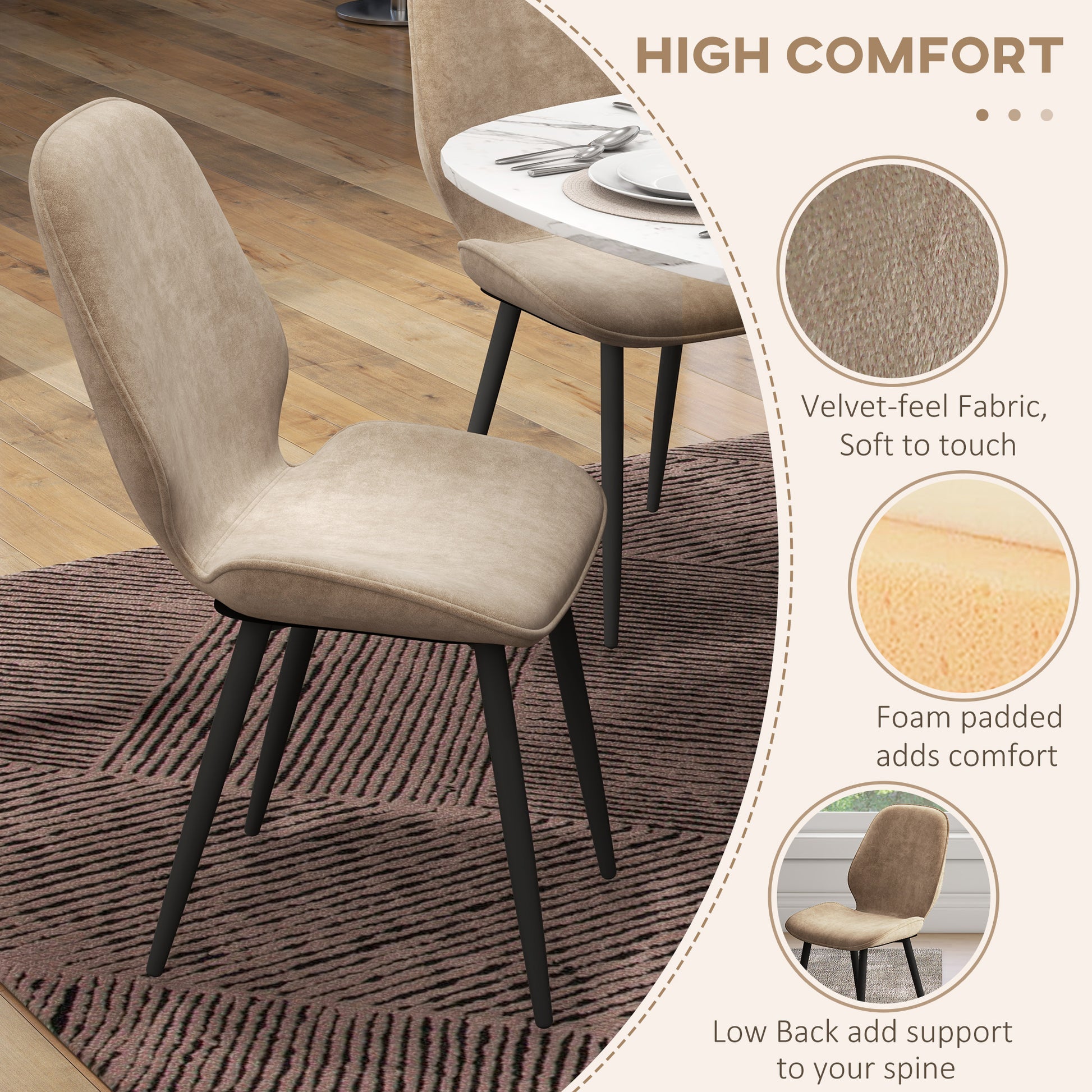 HOMCOM Set of 2 Light Brown Velvet Dining Chairs with Metal Legs for Modern Living and Dining Rooms - ALL4U RETAILER LTD