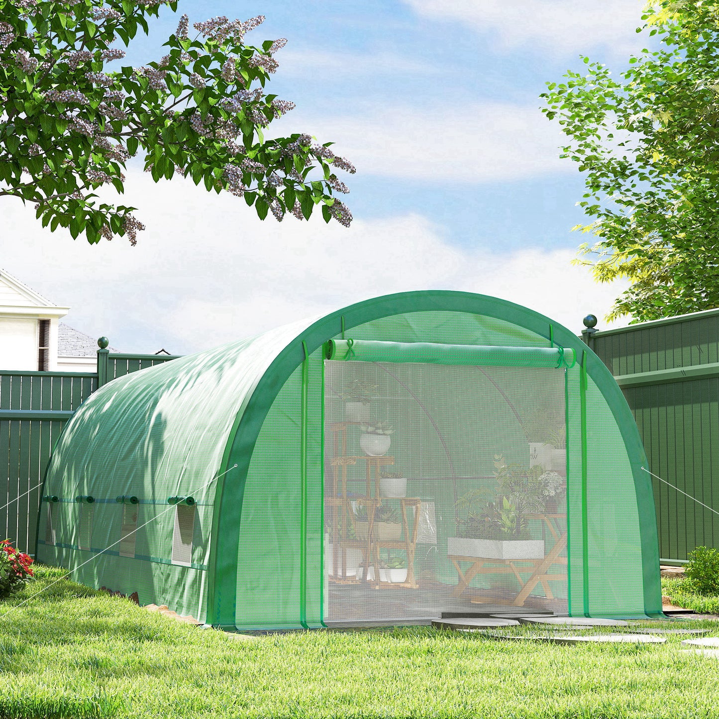 Outsunny 6 X 3m Polytunnel Greenhouse With Upgraded Structure Mesh Door And Windows 15 Plant Labels Green