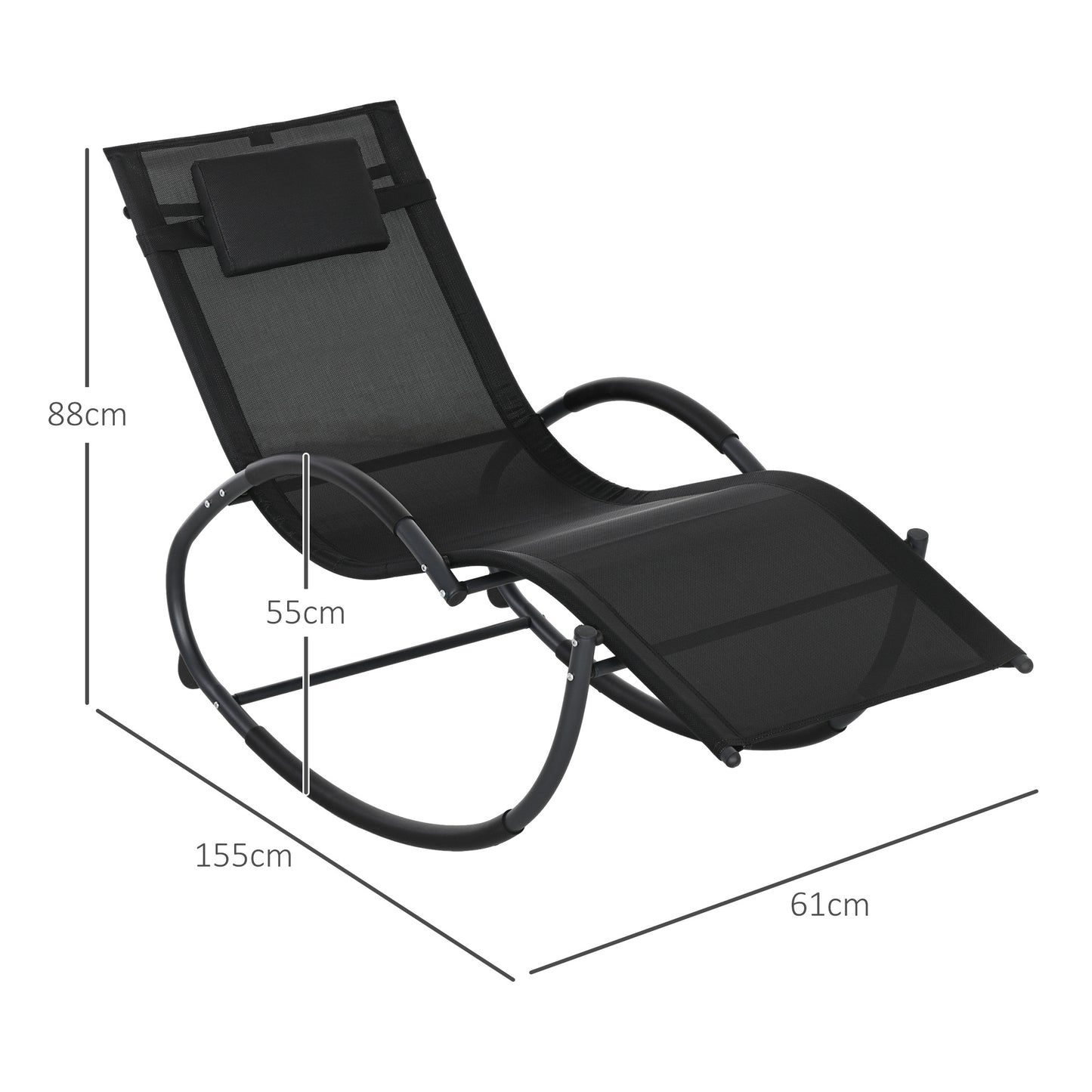 Outsunny Zero Gravity Rocking Lounger with Padded Pillow - Black Steel Frame Outdoor Recliner - ALL4U RETAILER LTD