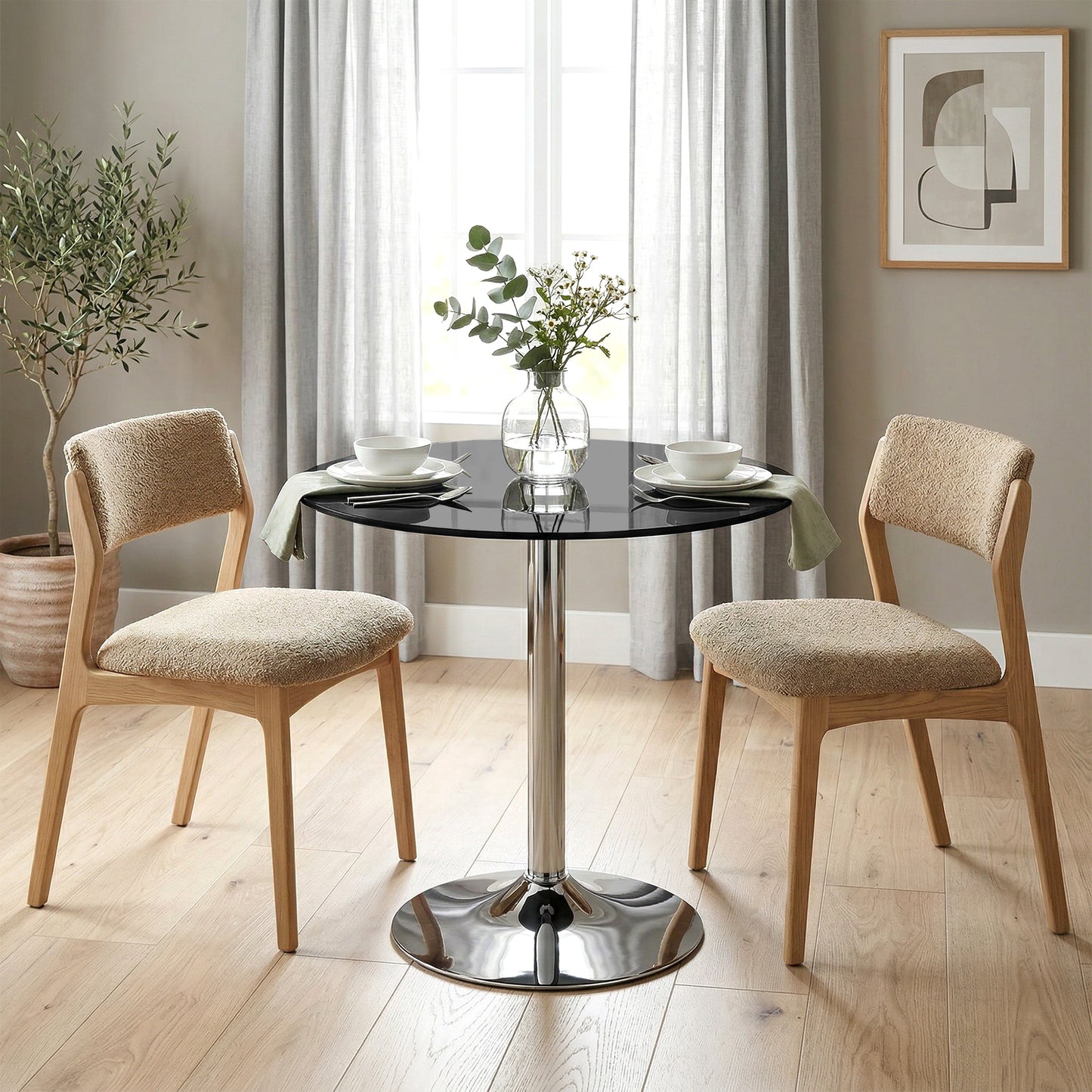 HOMCOM Round Bar Table With Tempered Glass Top And Steel Frame For Four People 70 x 70 x 75.5 cm Black