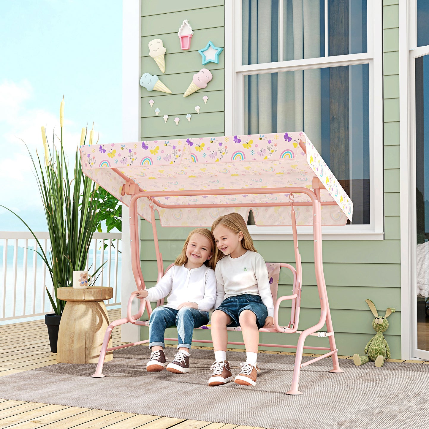 AIYAPLAY Kids Garden Swing Chair With Adjustable Canopy Safety Belt 2 Seater Hammock Swing Bench For Patio Porch Pink