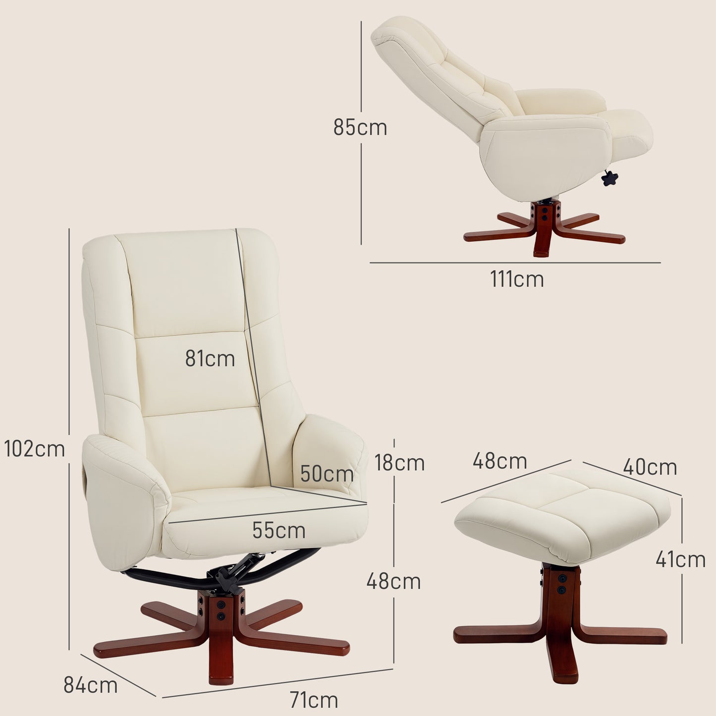 HOMCOM Rocking Recliner Chair With Footstool In Cream PU Leather For Living Room And Bedroom With Wood Base