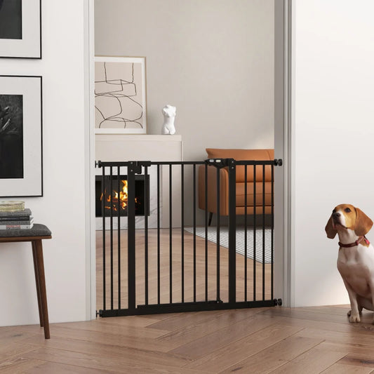 PawHut Black Metal Adjustable Dog Gate: Expandable Width 74-100cm for Secure Pet Containment