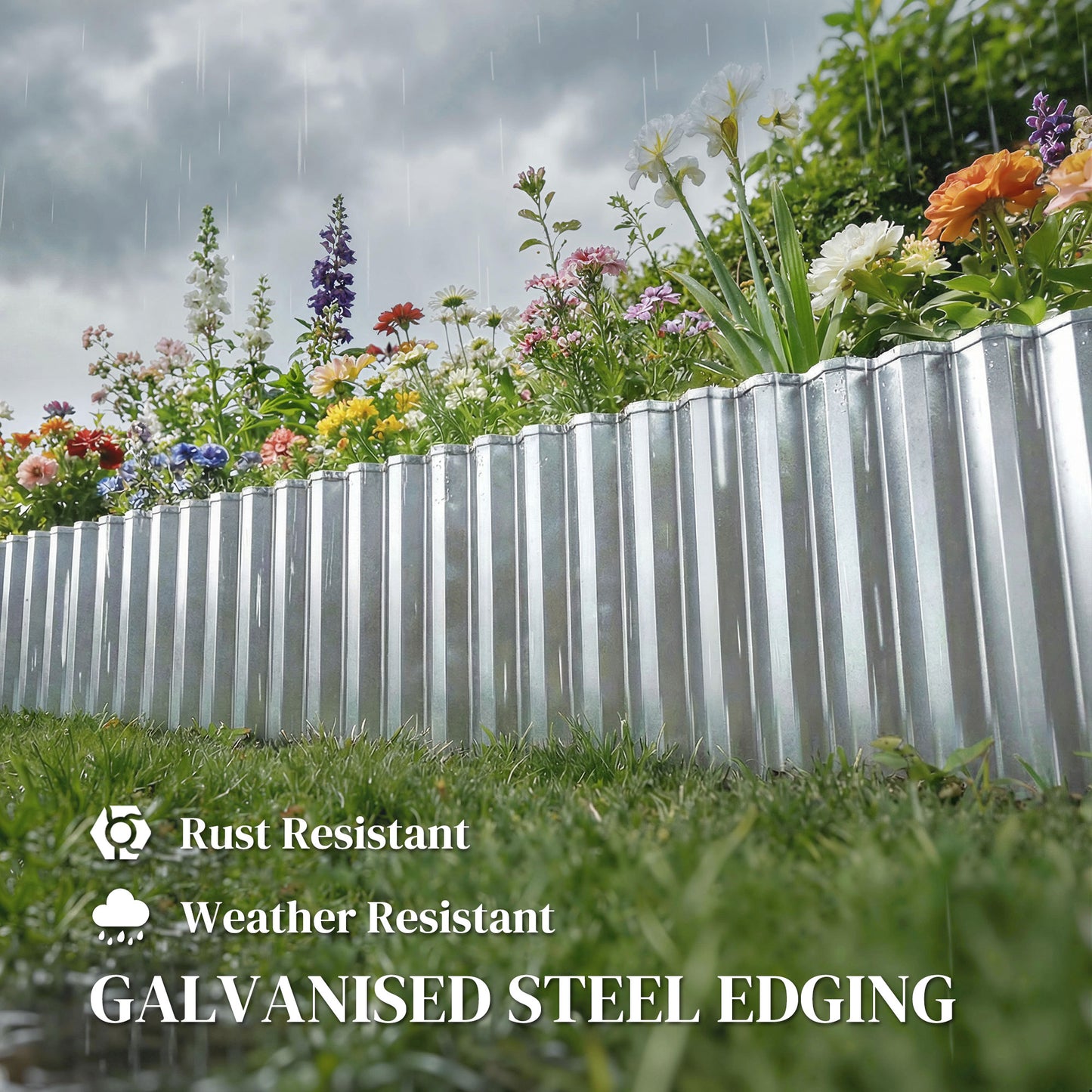 Outsunny Metal Garden Edging Border 8 Inch By 21.3 Foot Corrugated Heavy Duty Galvanised Steel Lawn Edging Silver Tone