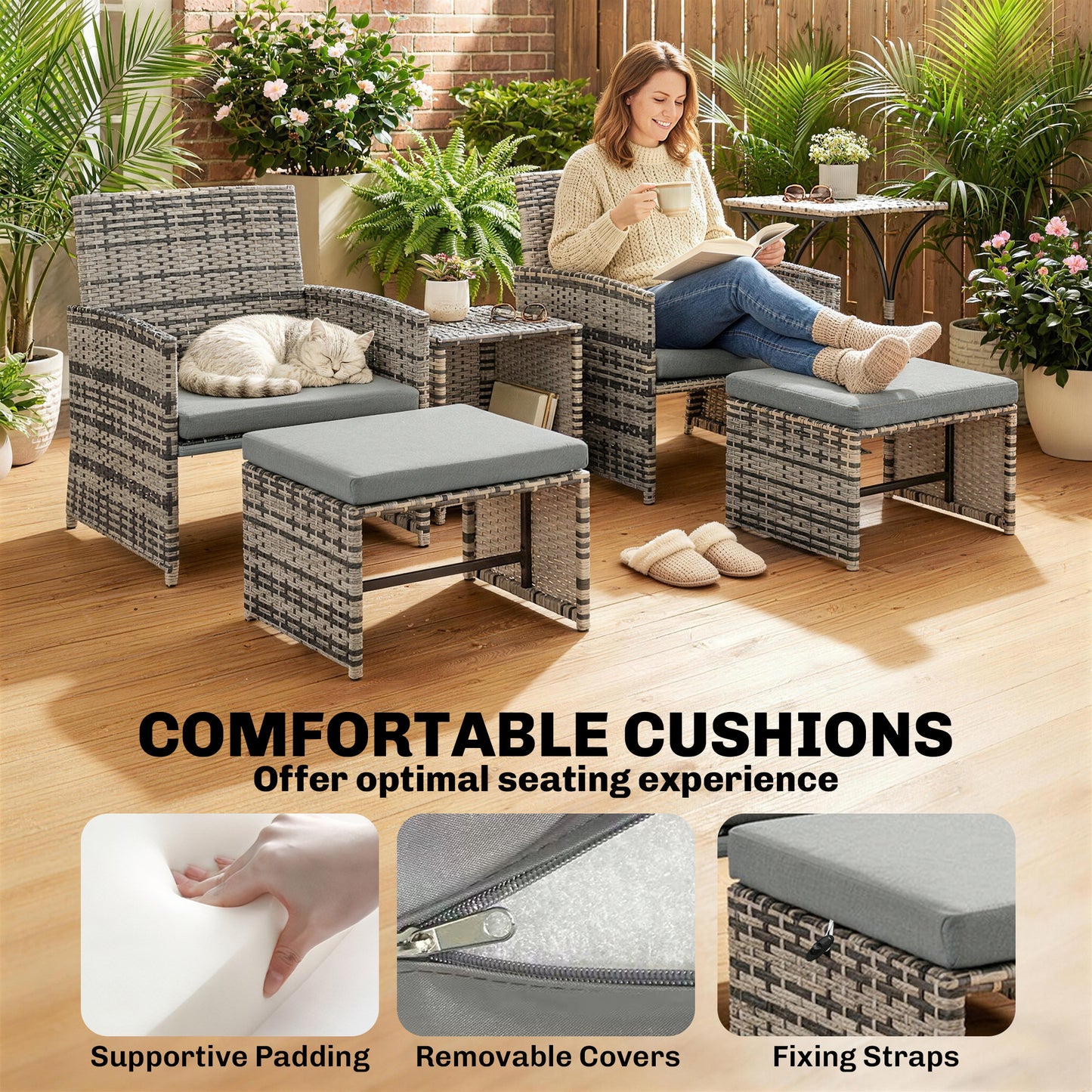 Outsunny 6 Piece Rattan Garden Furniture Set With Nesting Tables Chairs Stools Cushions Grey Patio Outdoor Living