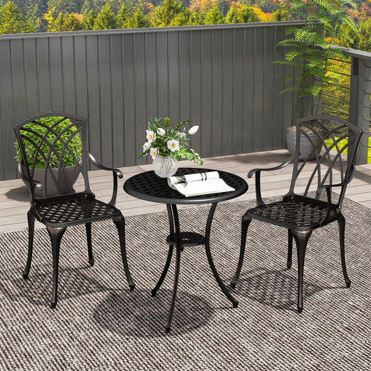 Outsunny 3 Piece Garden Dining Set For 2 Cast Aluminum Round Table With Parasol Hole And 2 Armchairs