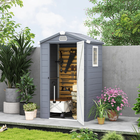 Outsunny 4x3ft Outdoor Garden Storage Shed with Lockable Door, Ventilation and Galvanised Foundation Kit - Grey - ALL4U RETAILER LTD