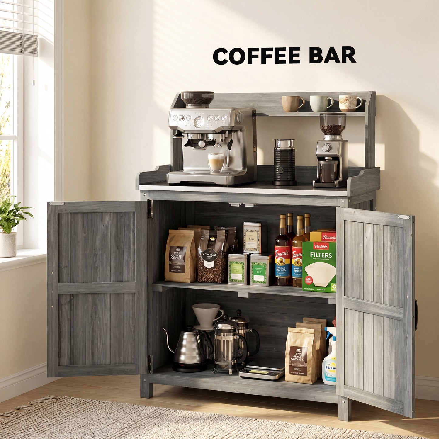 Outsunny Wooden Potting Bench Table With Aluminium Worktop Outdoor Garden Workbench Top Shelf And Cabinet Storage