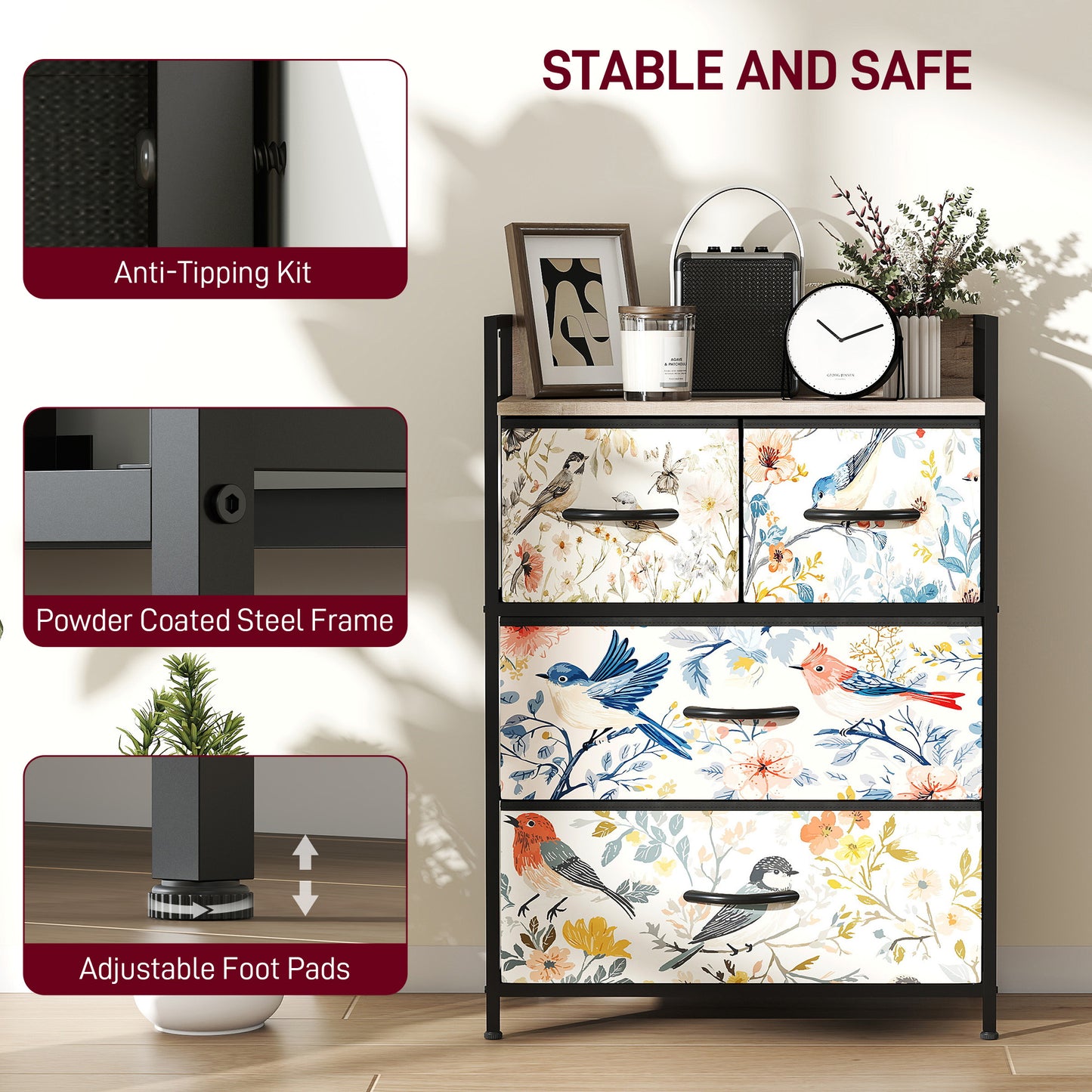 HOMCOM 4 Drawer Chest Of Drawers White With Removable Fabric Drawers And Patterned Panels