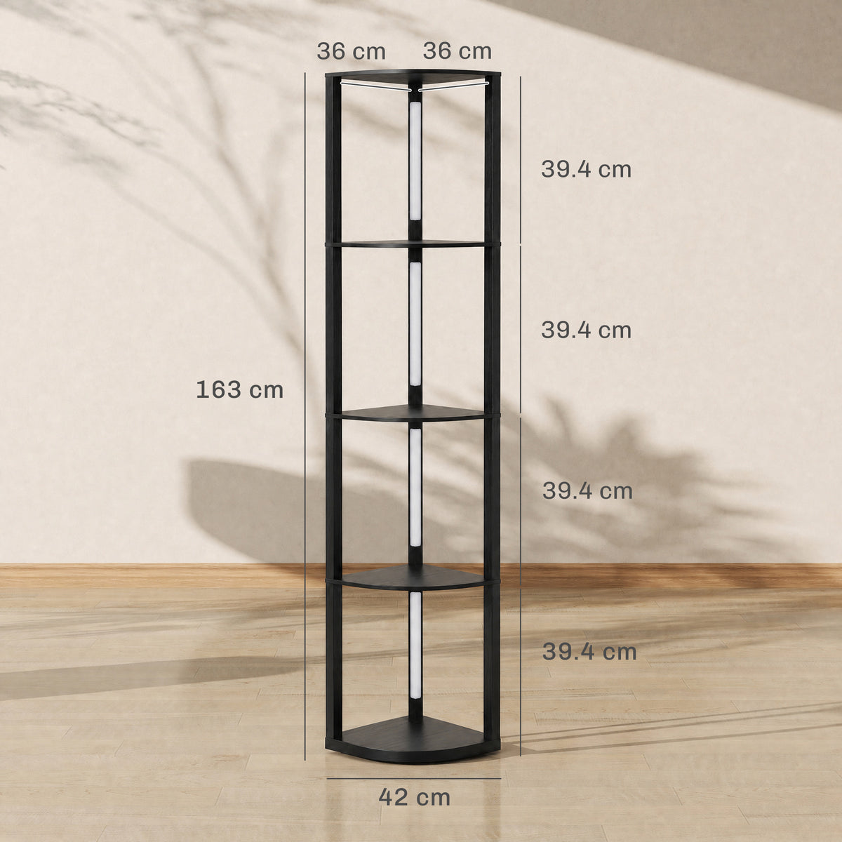 Black four-tier floor lamp shown with height and width measurements