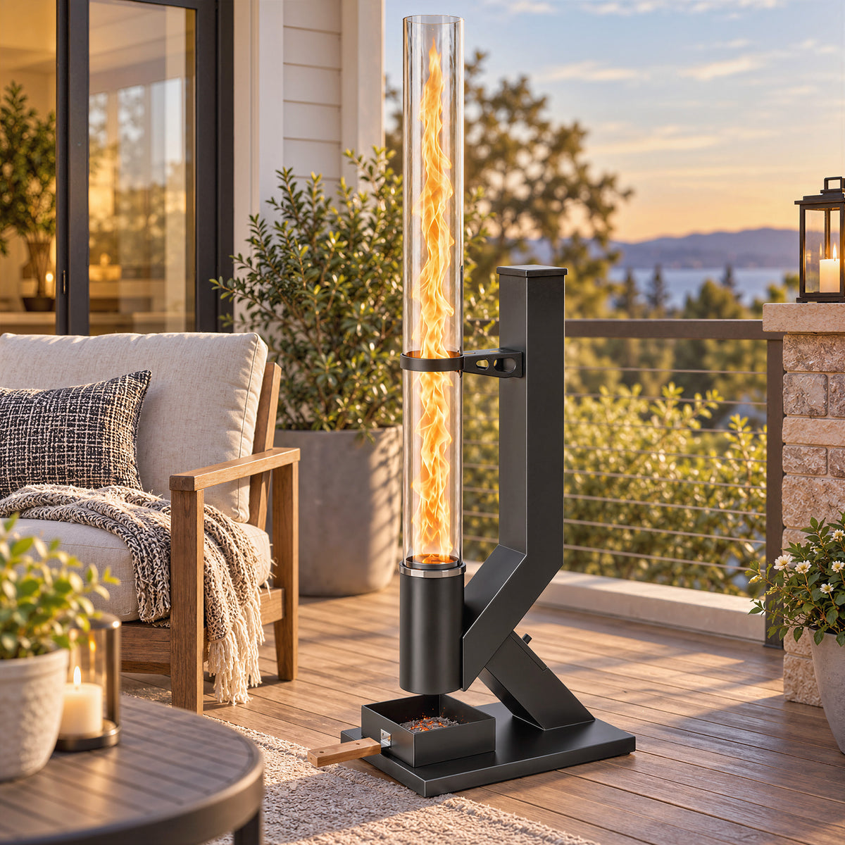 Black pellet patio heater with glass flame tube on a terrace near outdoor seating