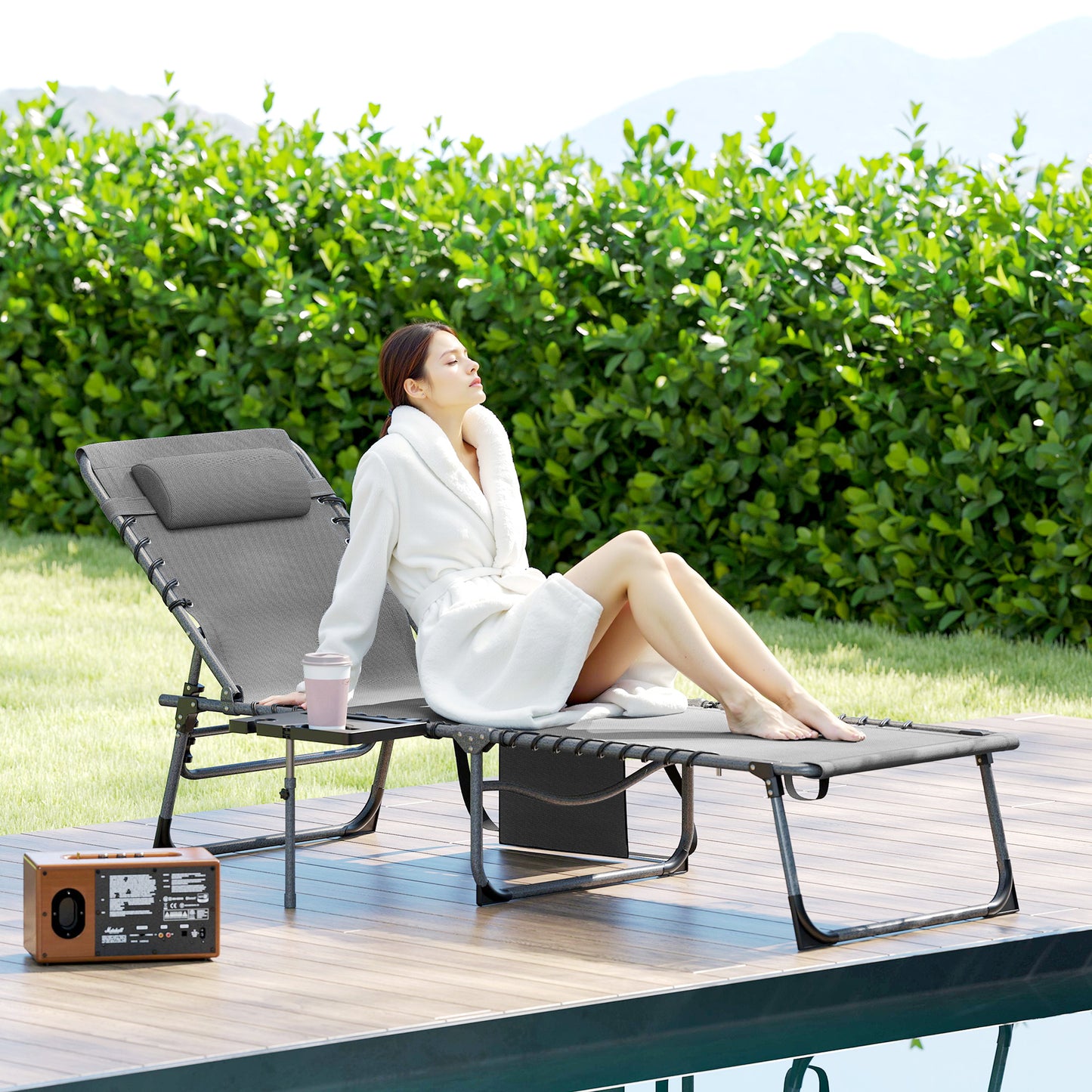 Outsunny Five Position Reclining Sun Lounger Grey With Removable Pillow Durable Steel Frame Outdoor Patio