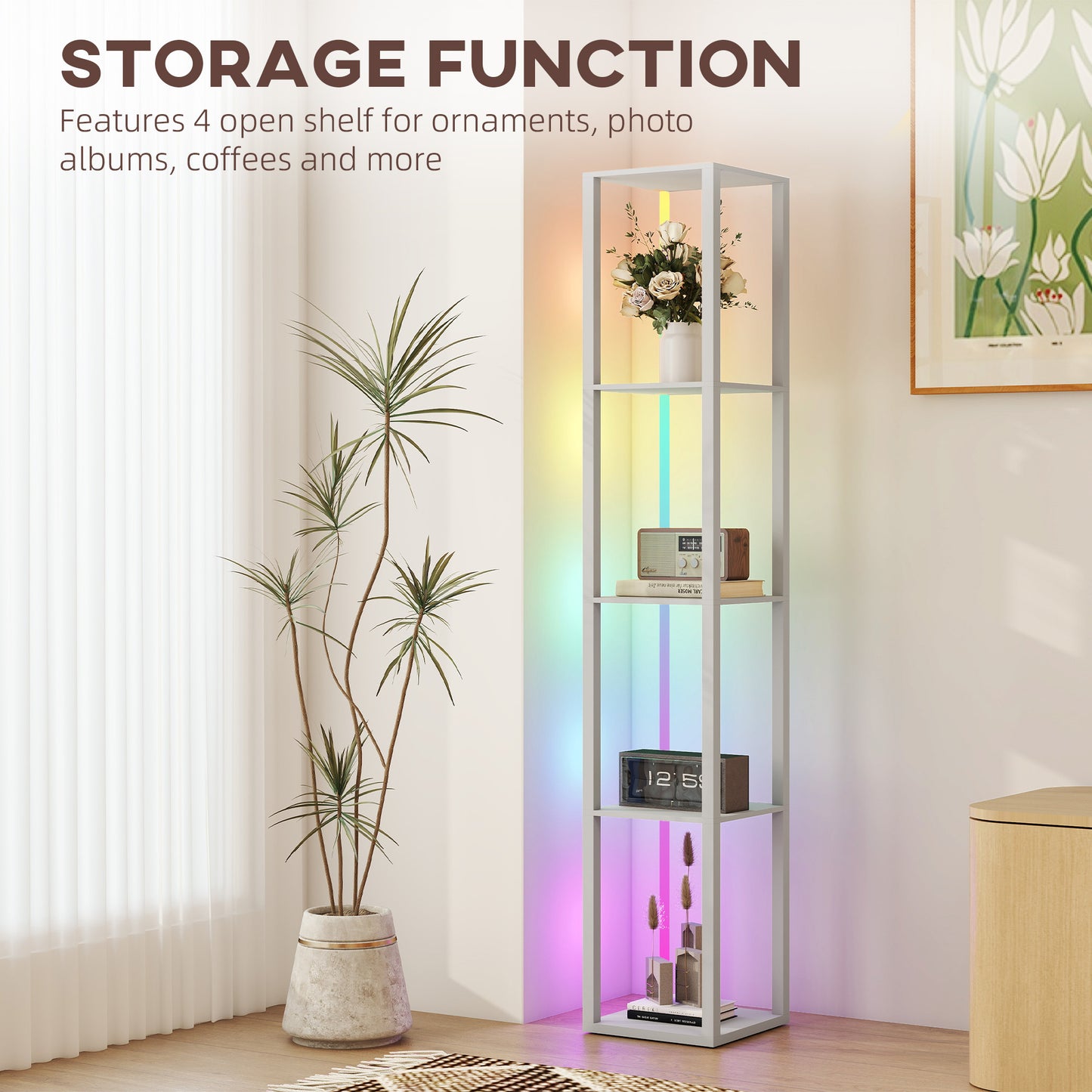 HOMCOM RGB LED Floor Lamp With Shelves, Modern Dimmable Standing Lamp With Remote, Adjustable Brightness And Speed